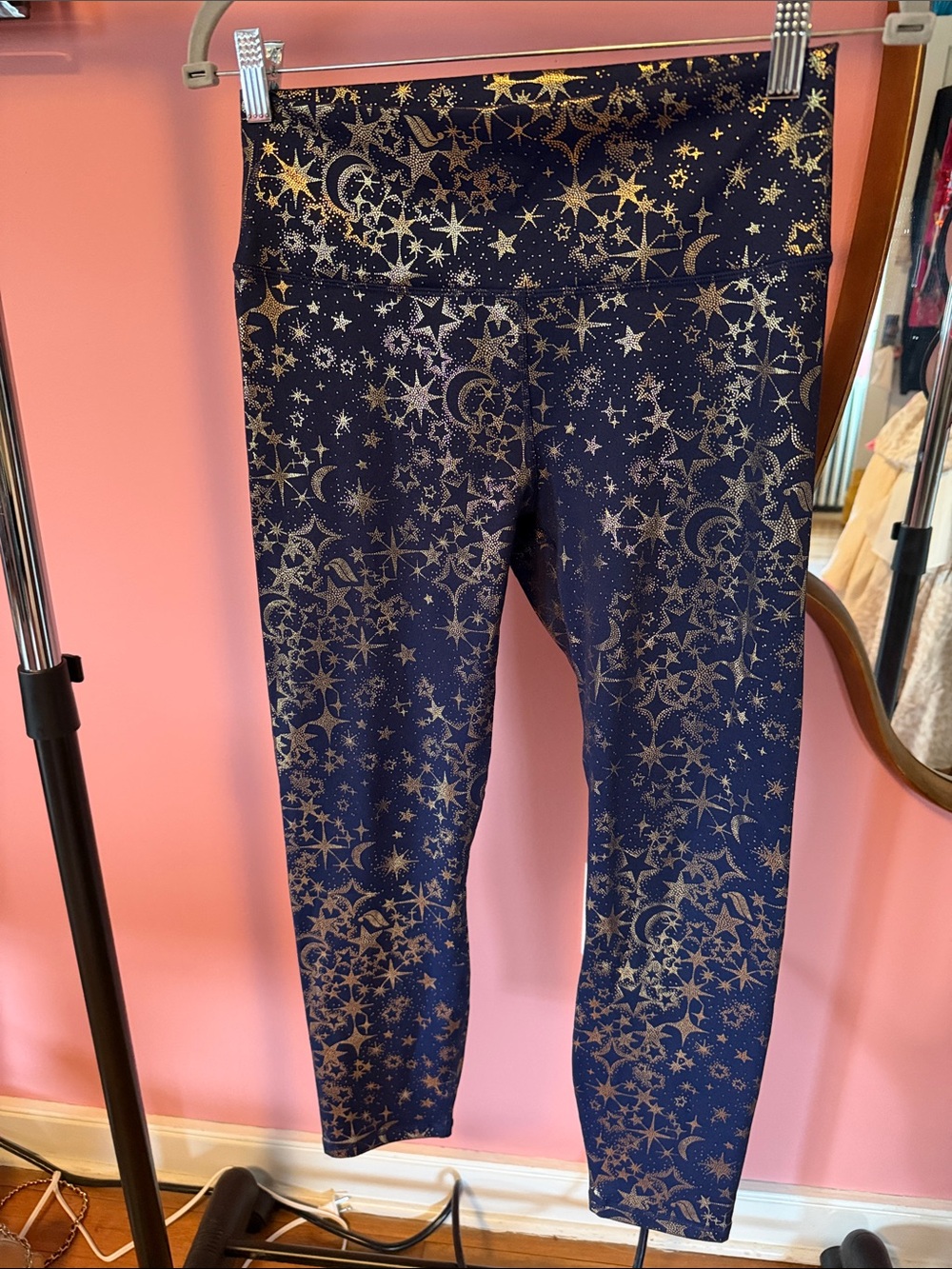 Fabletics Navy Leggings with Gold Star & Moon Pattern